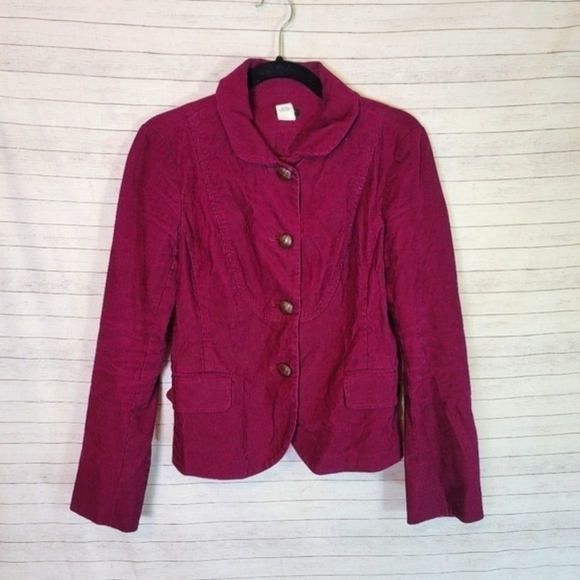 J.CREW PURPLE FUSCHIA CORDUROY LEATHER BUTTON BLAZER JACKET, SZ 6 - Picture 1 of 14